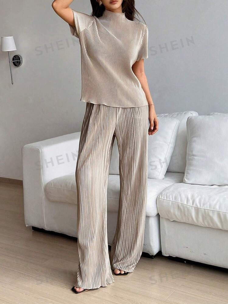 SHEIN Unity Women's Solid Color Short Sleeve High Neck Top And Pants Set | SHEIN