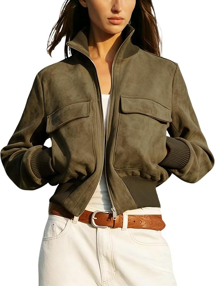 Womens Faux Suede Cropped Bomber Jackets Coat | Amazon (US)