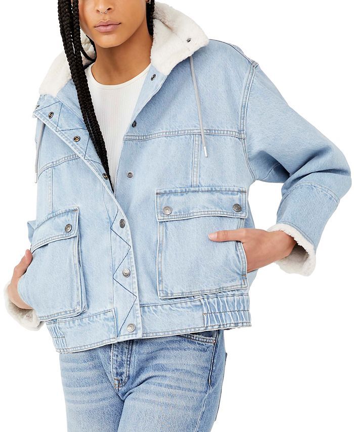 Free People Ariel Cotton Fleece-Trim Denim Bomber Jacket & Reviews - Jackets & Blazers - Women - ... | Macys (US)