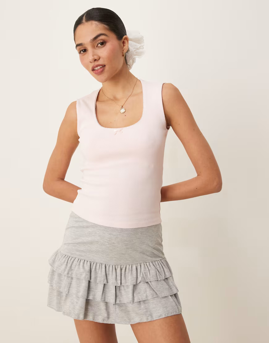Gina Tricot embroidered edge cotton tank top in pink | ASOS (Global)