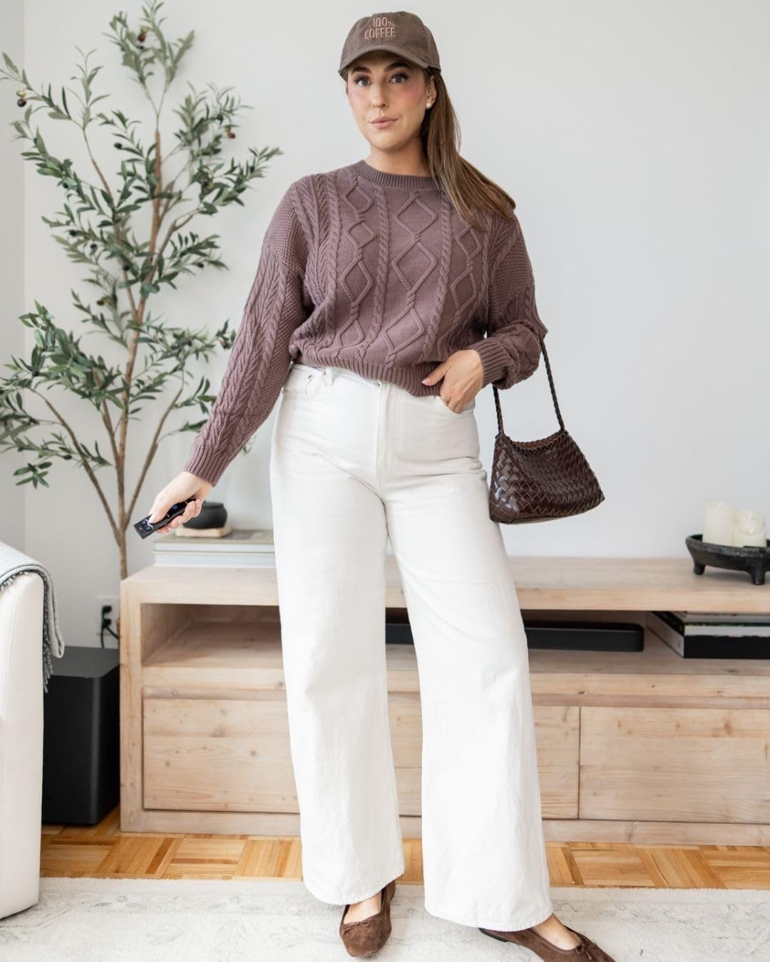 Cozy sweater season is here! 🤎 Loving this cable knit sweater with ivory wide-leg jeans, ballet flats, and a cute coffee hat. Such an easy everyday fall look!

midsize fall fashion, size 12/14, cable knit sweater, ivory wide leg jeans, cozy fall outfit, casual fall style, midsize outfit inspiration