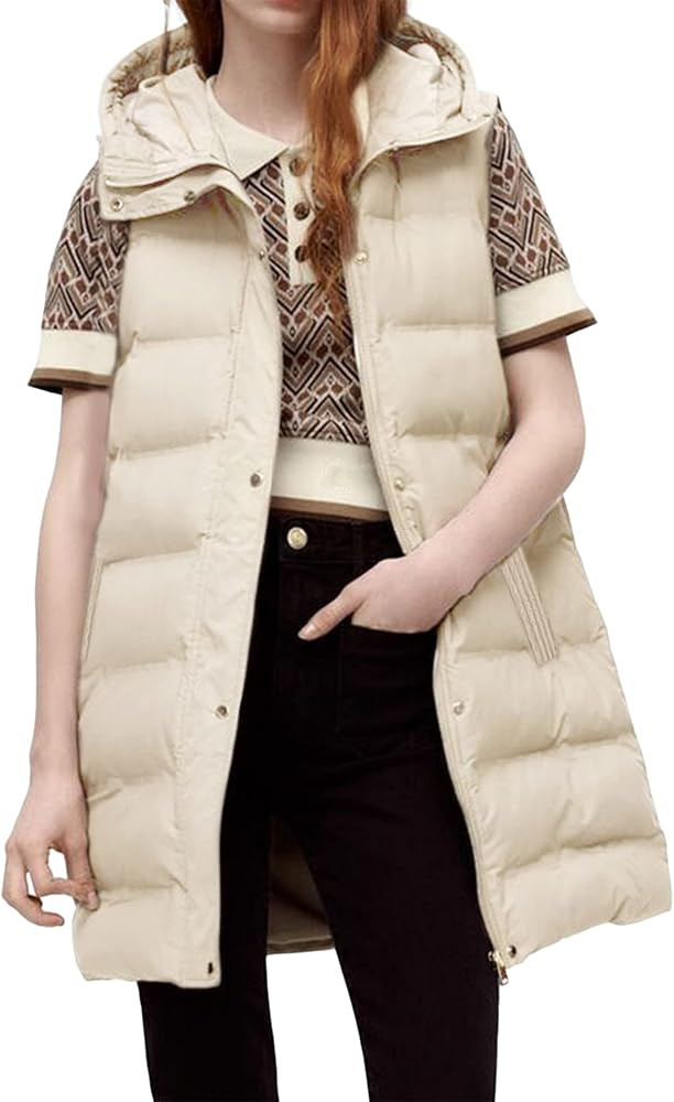 SCUSTY Womens Long Puffer Vest Sleeveless Coats Quilted Vests Outerwear Jackets with Hood | Amazon (US)