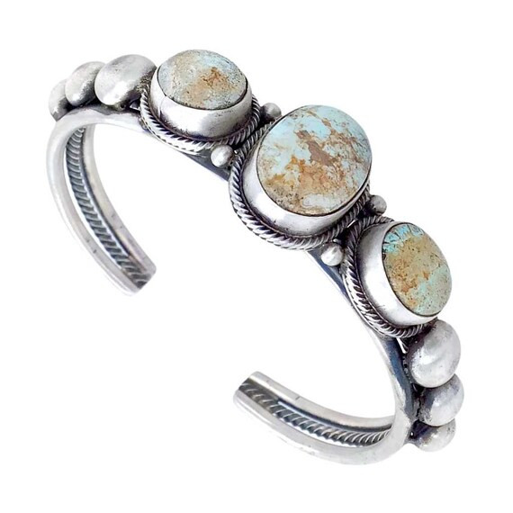 Navajo Pale Dry Creek Turquoise Row Sterling Silver Drop Cuff Bracelet - Native American | Etsy (US)