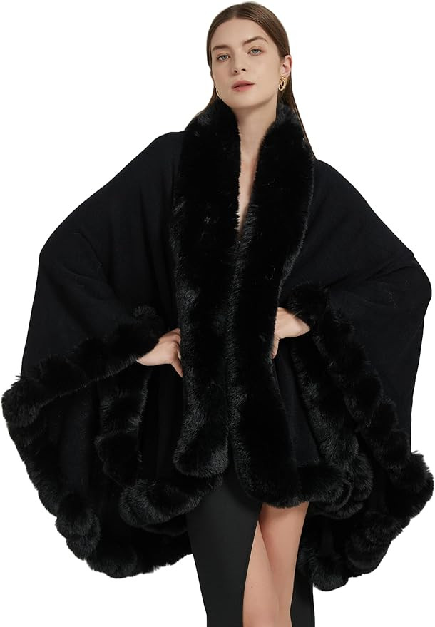 Faux Fox Fur Trim Cardigan Cloak Shawl Wraps Winter Poncho Oversized Cape | Amazon (US)