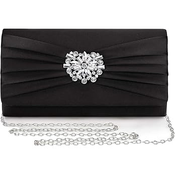 Evening Bags For Women Pleated Satin Rhinestone Brooch Prom Clutch Purse With Detachable Chain St... | Amazon (US)