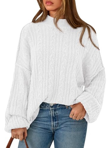 PRETTYGARDEN Oversized Spring Sweaters for Women 2026 Trendy Cozy Cable Knit Sweater Women Chunky Crewneck Ladies Sweaters (White, X-Large) | Amazon (US)