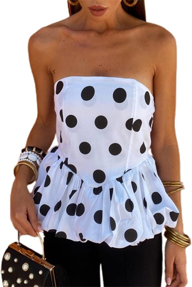 Yuemengxuan Women Y2k Peplum Tube Top Strapless Bubble Ruffle Hem Bandeau Shirts Sexy Off Shoulde... | Amazon (US)