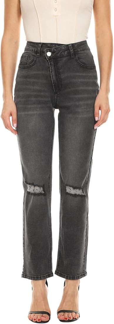 Women Straight Ripped Jeans Waist Crossover Classic Relaxed Fit Mid Rise Distressed Comfortable Deni | Amazon (US)