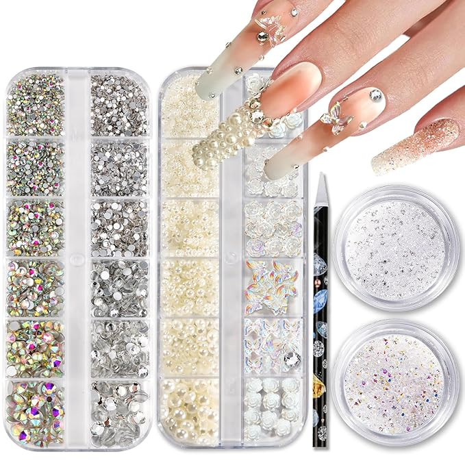 11000 PCS Nail Art Rhinestones kit, Glass Nail Gems and Rhinestones for Acrylic Nail, 4 Box 3D Na... | Amazon (US)