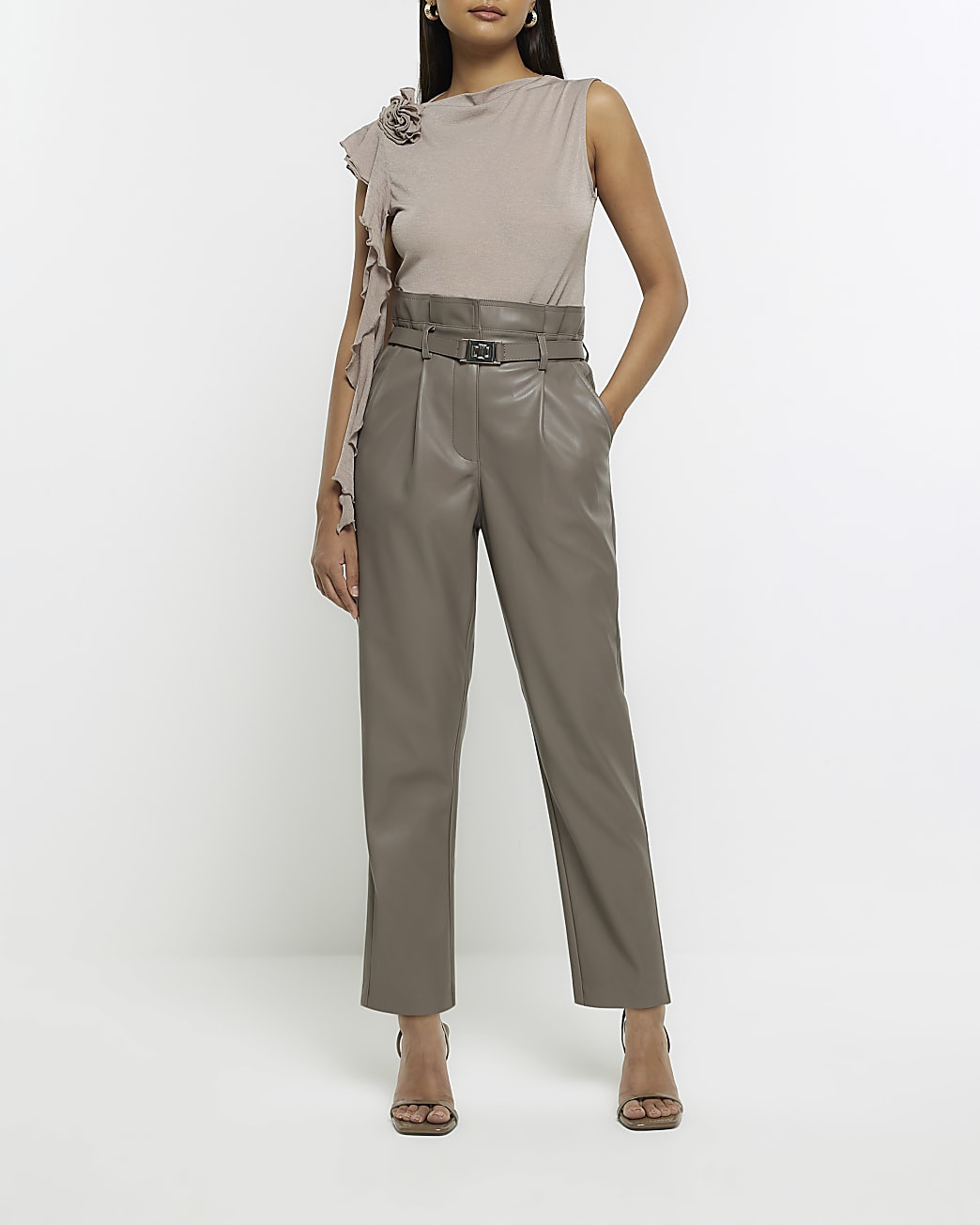 Grey faux leather belted paperbag trousers | River Island (UK & IE)