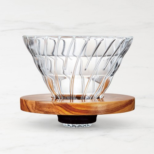 Hario V60 glass coffee dripper with olive wood base