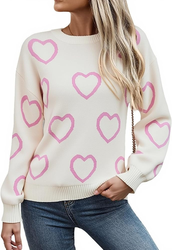 ECOWISH Women Valentine Heart Sweater V Neck Embroidery Knit Loose Casual Long Sleeve Ribbed Pull... | Amazon (US)