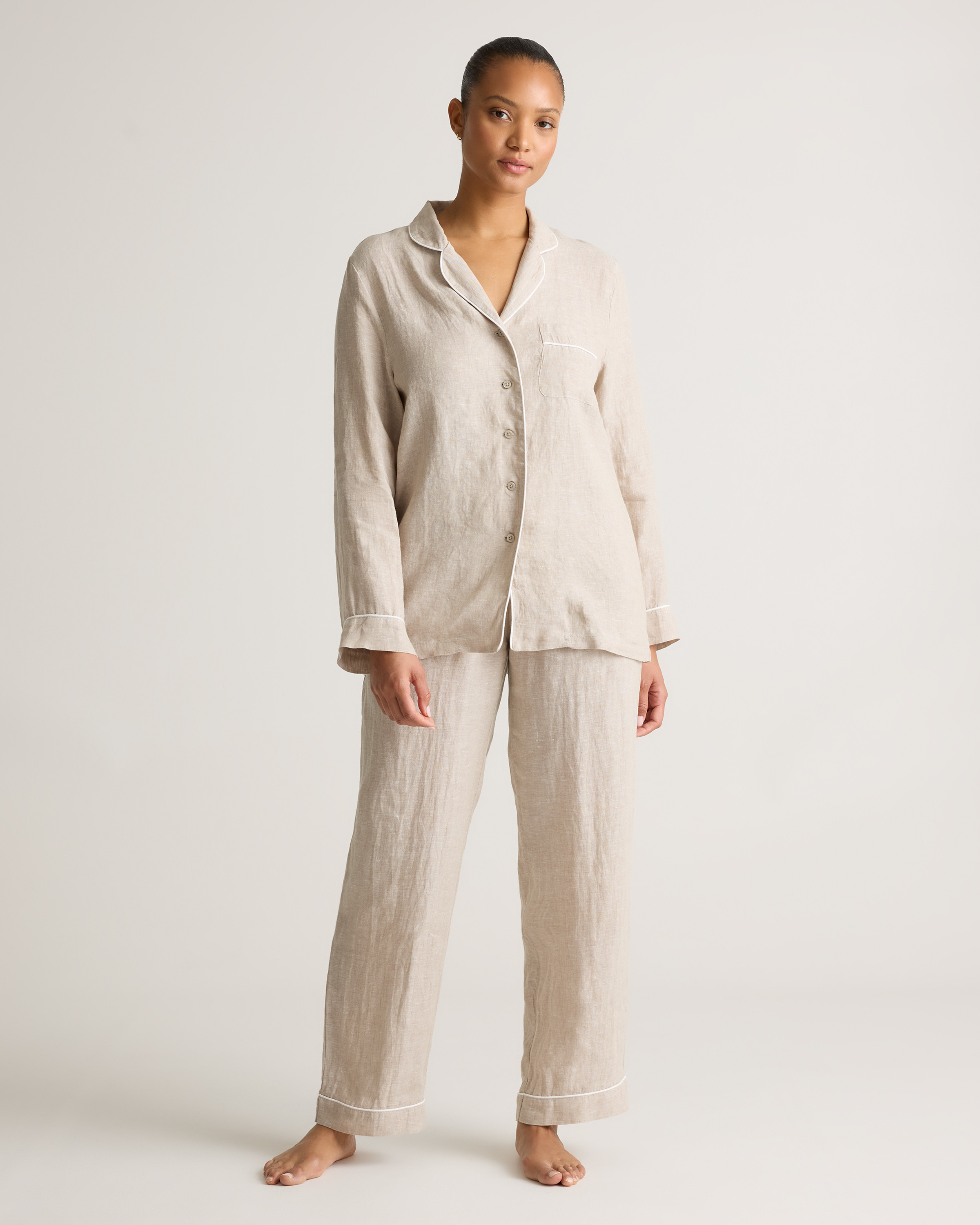 Quince | Women's 100% European Linen Long Sleeve Pajama Set with Piping in Flax, Size Large | Quince