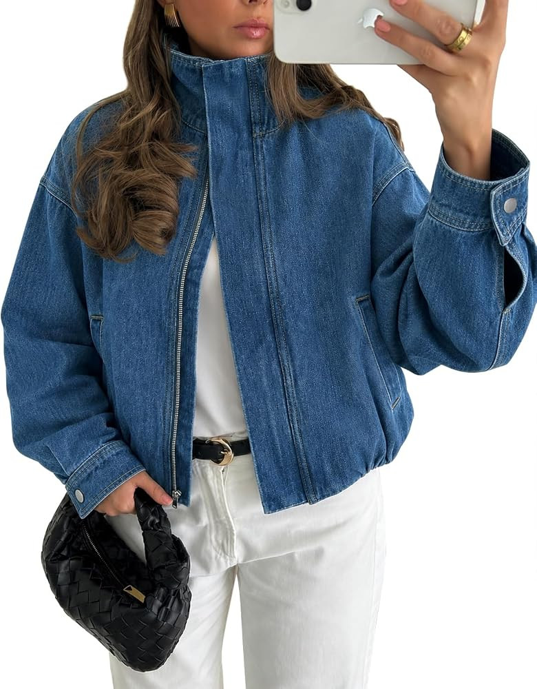 Yousify Women's Cropped Denim Bomber Jacket Casual Zip up Jean Coat | Amazon (US)