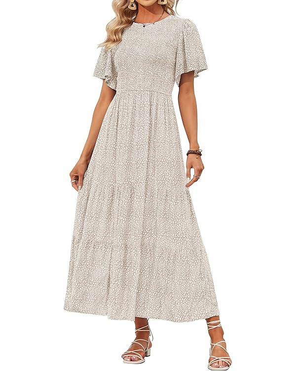 ZESICA Women's 2024 Summer Casual Floral Print Short Flutter Sleeve Crew Neck Smocked High Waist ... | Amazon (US)