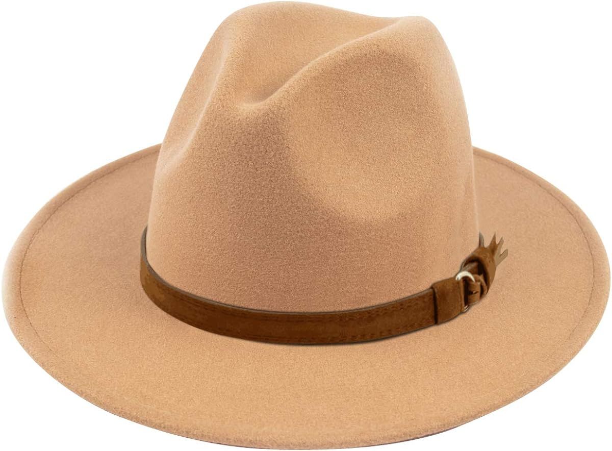Lanzom Womens Classic Wide Brim Floppy Panama Hat Belt Buckle Wool Fedora Hat | Amazon (US)