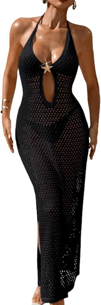 Kaei&Shi Crochet Maxi Dress,Starfish Deep Plunge Beach Cover Ups for Women Long,Sexy Resort Pool ... | Amazon (US)