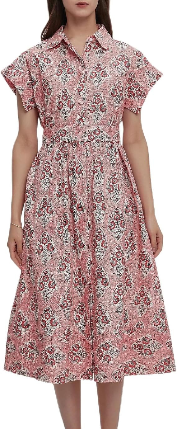 Women Summer Dresses 2026 Casual Wing Short Sleeve Button Down Midi Dress Floral Long Dress with ... | Amazon (US)