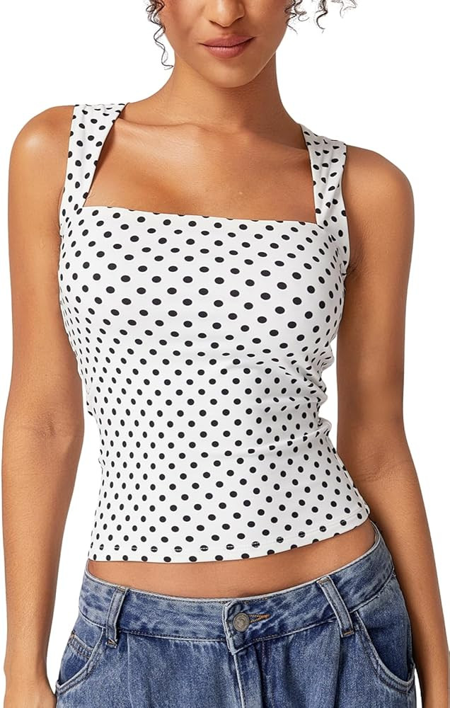 QINSEN Women's Square Neck Sleeveless Double-Layer Tank Tops Basic Tight T Shirts | Amazon (US)