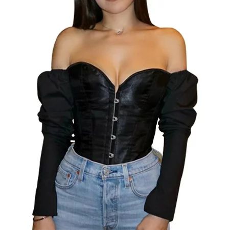 Bagilaanoe Women Off Shoulder Bustiers Corsets Shirt Blouse Long Sleeve Push Up Slim Crop Tops Clubw | Walmart (US)