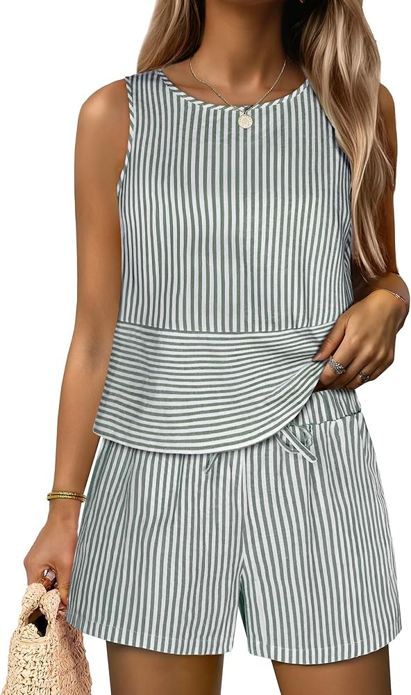 ANRABESS Womens 2 Piece Outfits Striped Summer Casual Sleeveless Tank Top Matching Shorts Lounge ... | Amazon (US)
