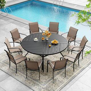 11-Piece Outdoor Patio Dining Set with 59.8 in. Black Round Table and 10--Brown Dining Chairs | The Home Depot