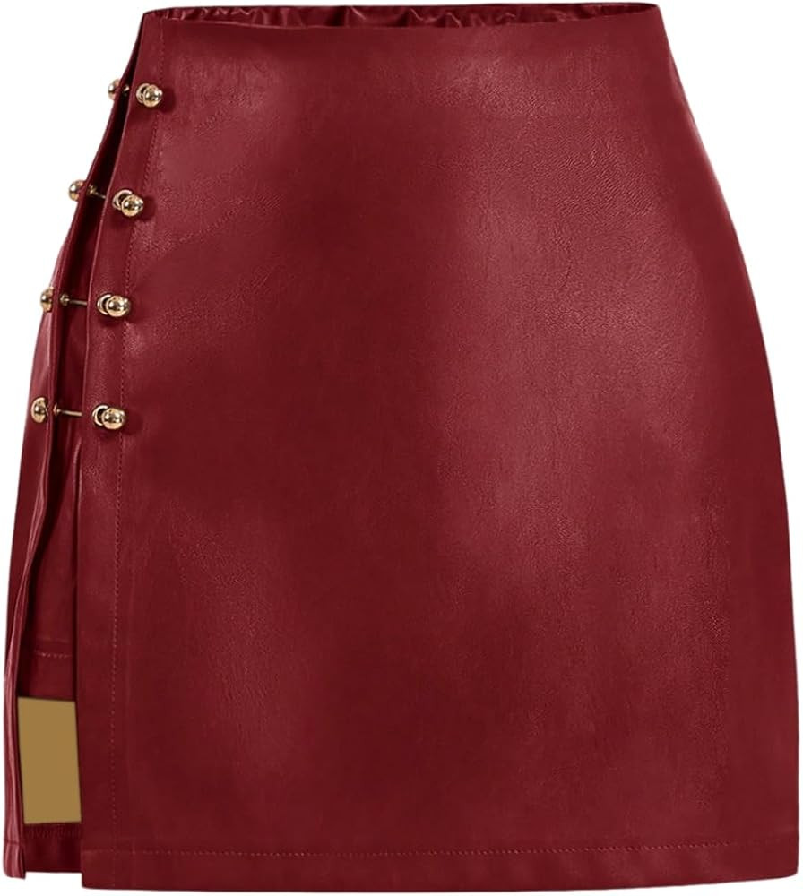 WDIRARA Women's Side Slit Metallic Trim High Waisted Faux Leather Short Skirts | Amazon (US)