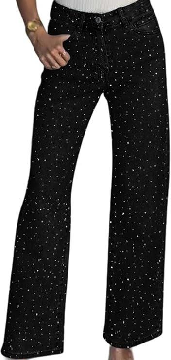 Famnbro Womens Rhinestone Jeans Baggy Y2K High Waisted Straight Wide Leg Sparkly Bling Glitter De... | Amazon (US)