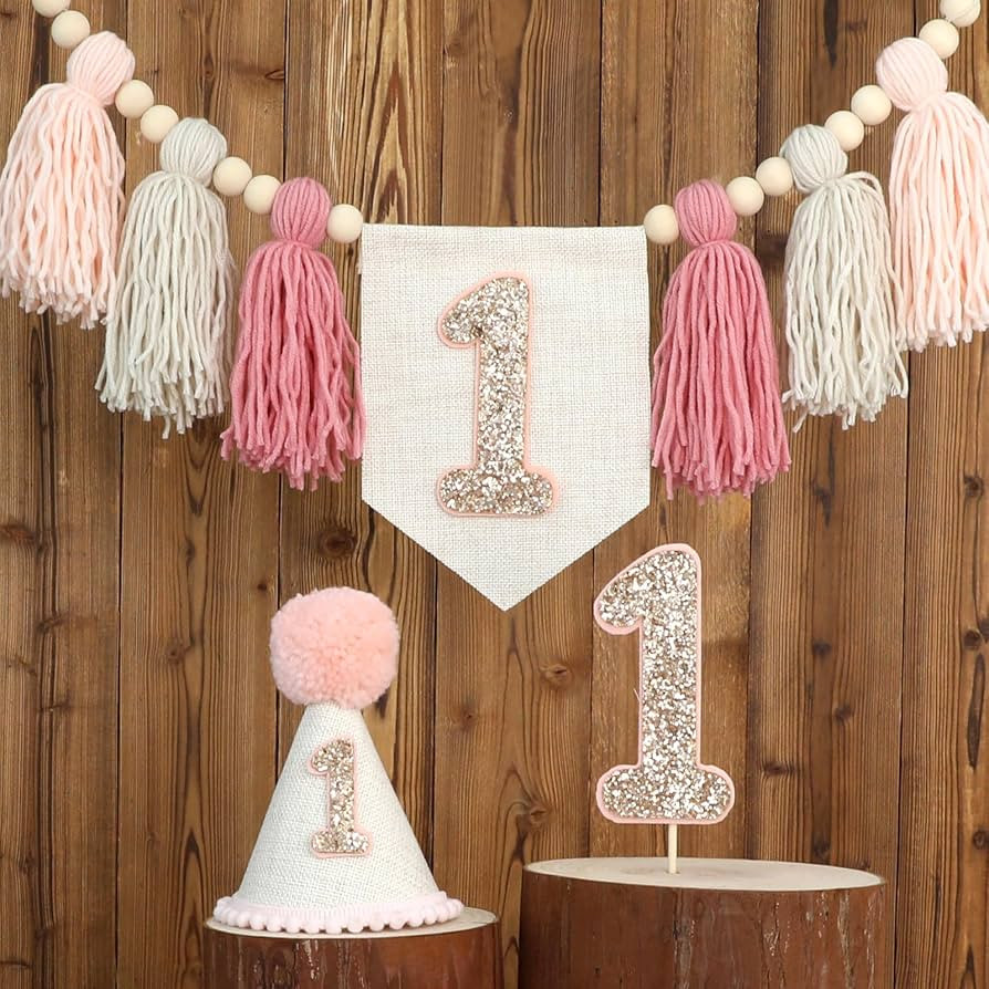 Pink Baby Girl 1st Birthday Highchair Wood Bead Tassel Garland Conical Cap Bling Cake Topper | Amazon (US)