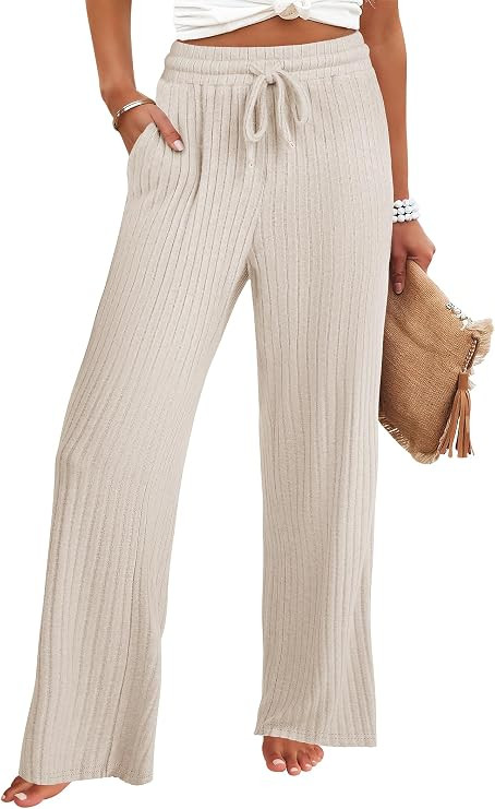 ANRABESS Women Ribbed Knit Pajama Pants with Pockets | Soft Fuzzy Comfy Wide Leg Pants Lounge Dra... | Amazon (US)