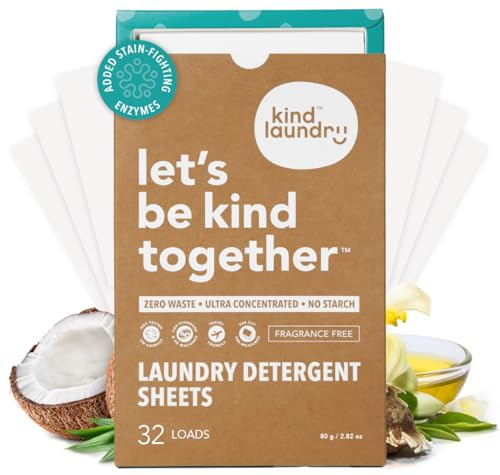 Kind Laundry Detergent Sheets with Stain-Fighting Enzymes - Plant Powered Eco-Friendly Laundry Soap Sheets - Home or Travel Laundry Detergent Fragrance Free, 32 Loads (Mom's Choice Award Winner) | Amazon (US)