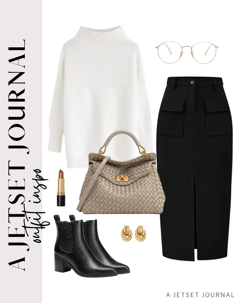 This white CHICWISH ribbed long-sleeve turtleneck knit top and cargo midi pencil skirt from KIRUNDO are our outfit number 3. This combination goes well with DREAM PAIRS heeled ankle Chelsea boots and the JW PEI Lucia classic top handbag. Apply this Revlon Super Lustrous Lipstick to complete the look. 

 #LTKSeasonal #LTKSaleAlert #LTKTravel