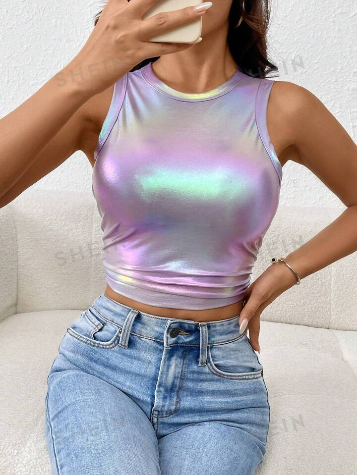 SHEIN Privé Women Round Neck Shiny Pleated Casual Tank Top | SHEIN