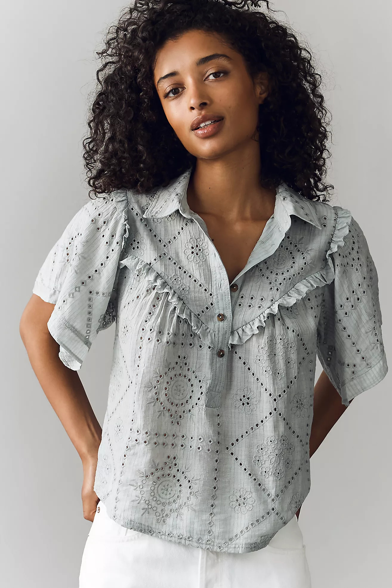 Pilcro Embroidered Eyelet Buttondown Shirt | Anthropologie (US)