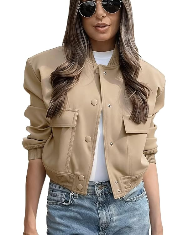 imbpceu Women Bomber Jacket Casual Long Sleeve Button Down Varsity Jackets with Pockets | Amazon (US)