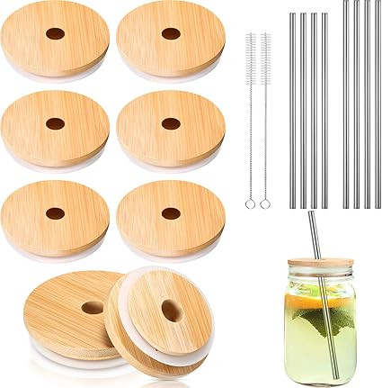8 Pack Mason Bamboo Jar Lids with Straw Hole Compatible (Silicone O-ring Gasket Included) with 4 ... | Amazon (US)