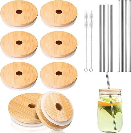 8 Pack Mason Bamboo Jar Lids with Straw Hole Compatible (Silicone O-ring Gasket Included) with 4 ... | Amazon (US)