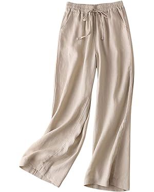IDEALSANXUN Womens Casual Elastic Waist 100% Linen Straight Leg Pants Loose Fit Palazzo Pants | Amazon (US)
