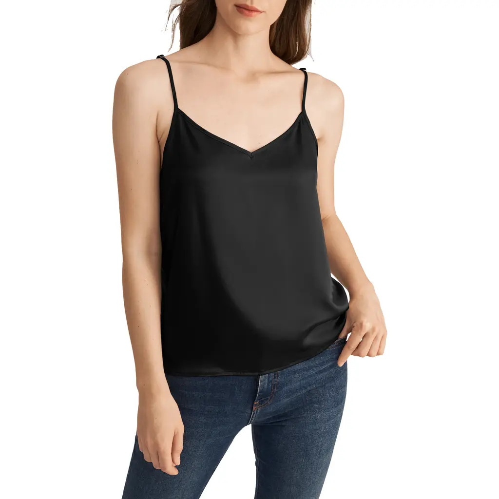 Lilysilk V Neckline Silk Camisole with Spaghetti Straps in Black at Nordstrom, Size Large | Nordstrom