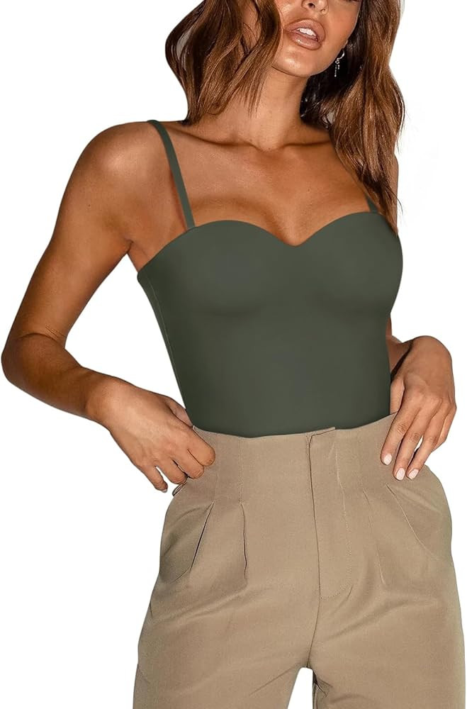 REORIA Womens Sexy Sleeveless V Neck Double Lined Trendy Going Out Cami Bodysuit Tank Tops | Amazon (US)