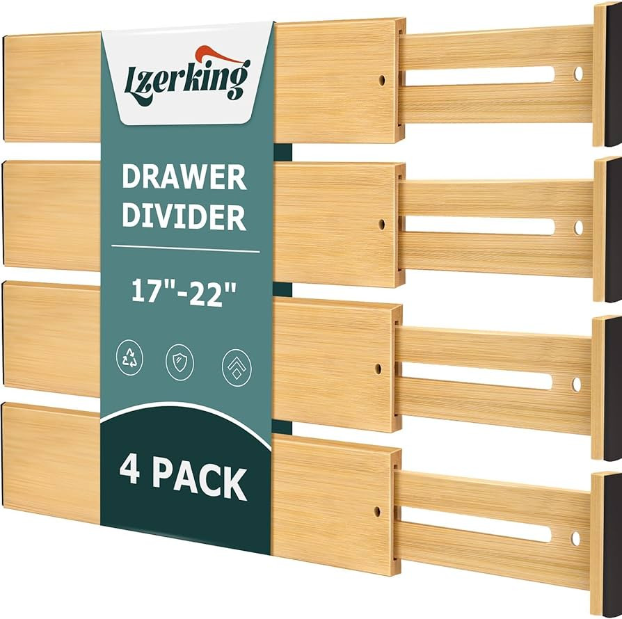 Lzerking Kitchen Drawer Dividers 4 Pack, Adjustable Bamboo Drawer Organizer, 17-22" Expandable Ut... | Amazon (US)