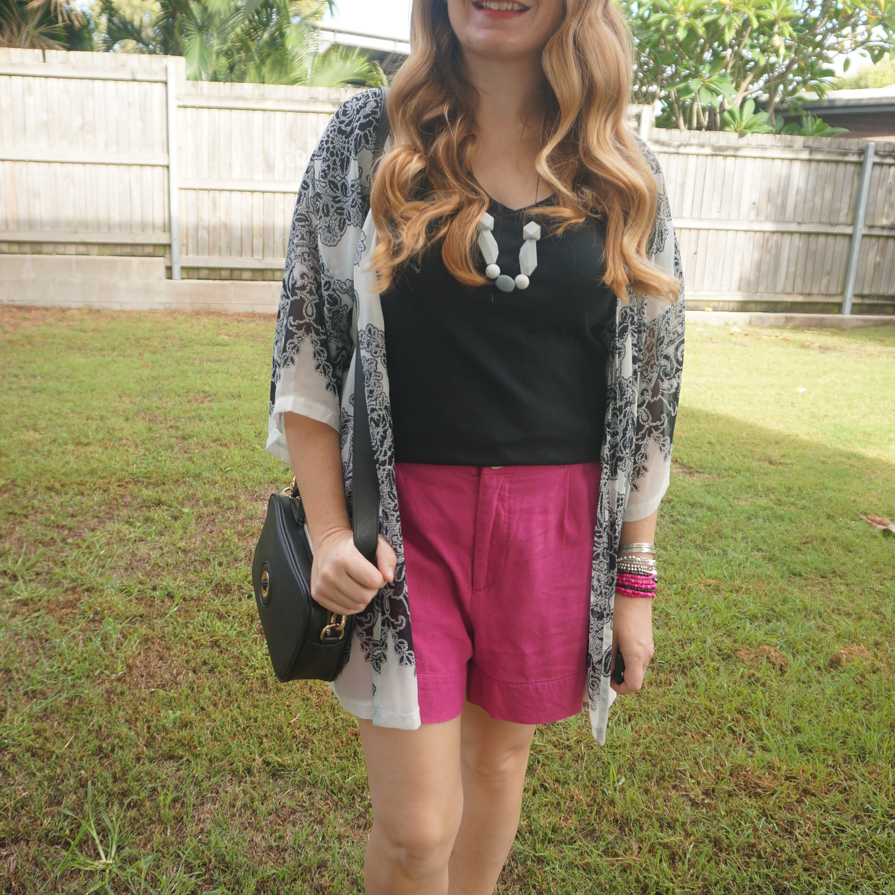 Printed cover up with black tee, kmart anko fuchsia linen shorts and Mimco Mim-mazing crossbody bag 🖤

#LTKbag #LTKaustralia #LTKautumn