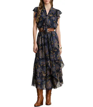 Lauren Ralph Lauren Crinkle Georgette Floral Print Round Neck Cap Sleeve A-Line Dress -  14 | Dillard's