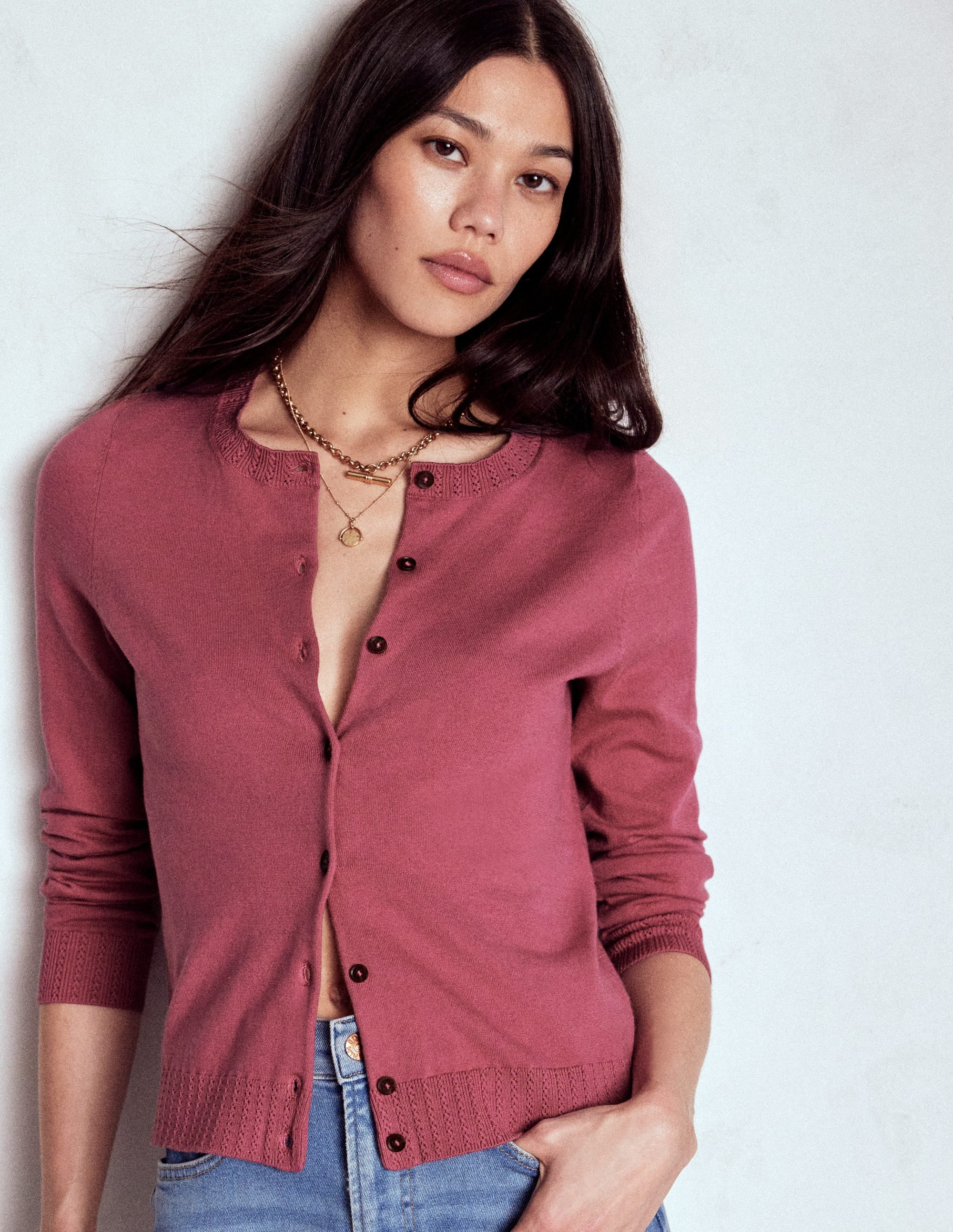 Emilia Cotton Crew Cardigan-Pink Heather | Boden UK