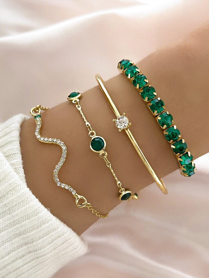 Fashionable New Style Full Rhinestone Snake Shaped Bracelet Set Including 4pcs (chain In Green Rh... | SHEIN