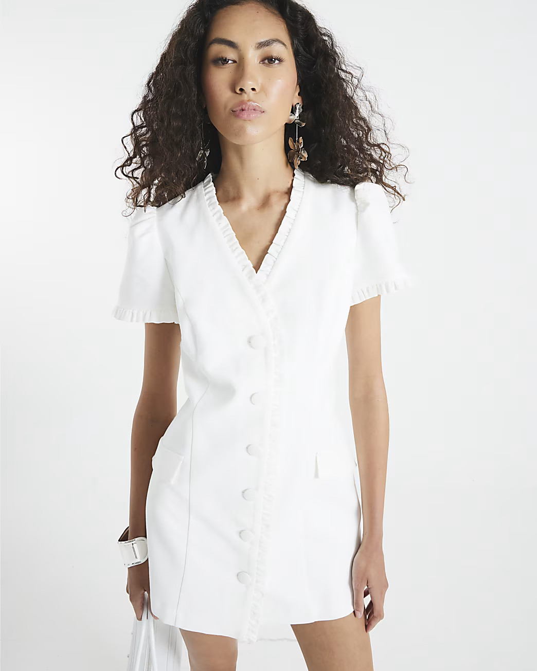 White Frill Linen Blend Tailored Mini Dress | River Island UK & IE