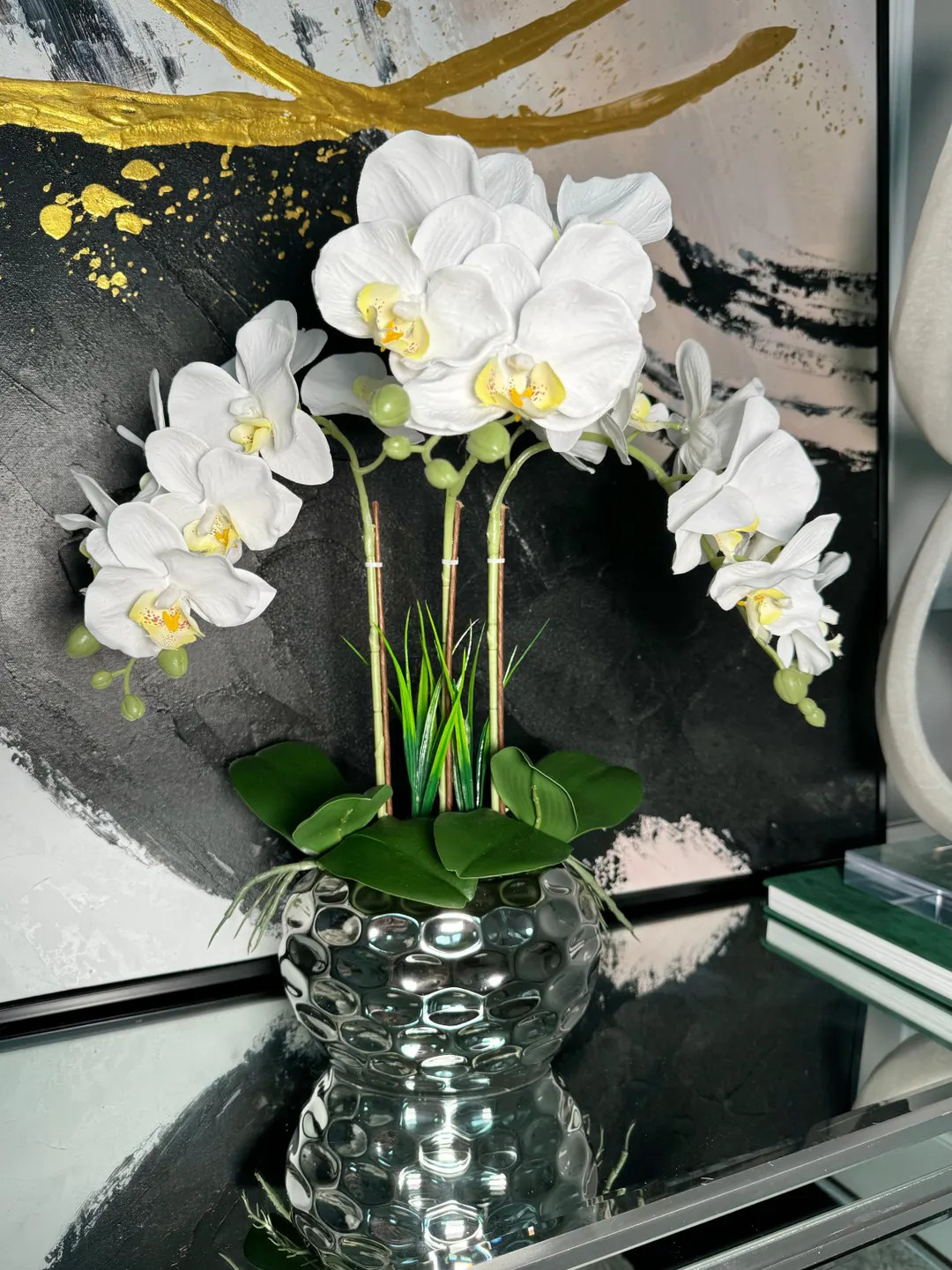 Giulia White Orchid Arrangement in Beveled Silver Ceramic Vase Silk - Etsy | Etsy (US)