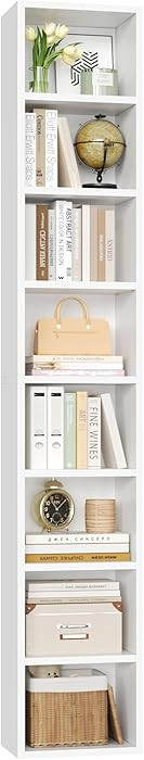 FOTOSOK White Bookshelf 8-Tier Media Tower Rack, 11.6 X 9.3 X 70.9 Inches CD DVD Slim Storage Cab... | Amazon (US)