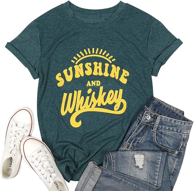 MNLYBABY Sunshine and Whiskey Short Sleeve T-Shirt Women Beach Funny Letters Print Summer Tops Te... | Amazon (US)