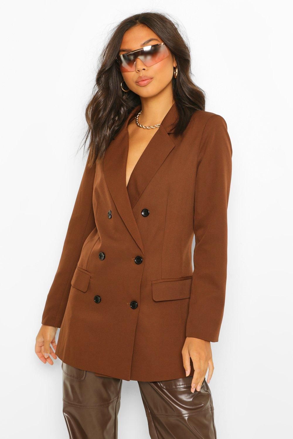 Womens Tailored Long Line Double Breasted Blazer - Brown - 6 | Boohoo.com (US & CA)